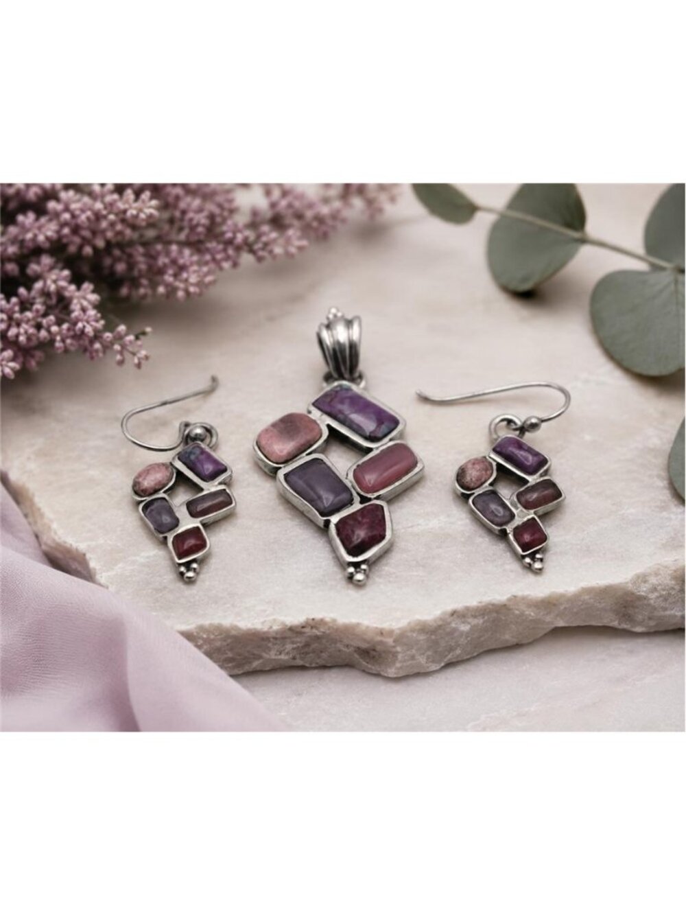 Vintage 925 Sterling Silver Mosaic Gemstone Pendant Earrings Set Abstract Inlay